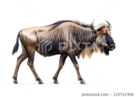 A majestic wildebeest strides confidently across a white background, showcasing its powerful build and distinctive horns. Wildlife Animals. A majestic wildebeest strides confidently across a white background, showcasing its powerful build and distinctive horns. Wildlife Animals. 120722406