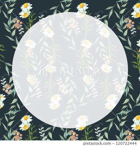 Circular frame on watercolor flowers and leaves background Circular frame on watercolor flowers and leaves background 120722444