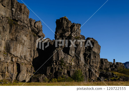 Iceland views. A rocky landscape with a large rock formation in the foreground Iceland views. A rocky landscape with a large rock formation in the foreground 120722555