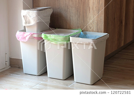 Separate sorting of garbage at home. Colorful bags and containers. Ecology and safe waste. Separate sorting of garbage at home. Colorful bags and containers. Ecology and safe waste. 120722581