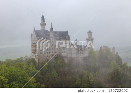Famous Neuschwanstein Castle in fog. Bavarian Alps, Germany 120722602
