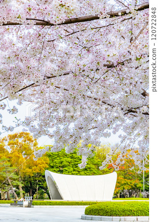 Hiroshima Peace Memorial Park: Memorial monument and cherry blossoms Hiroshima Peace Memorial Park: Memorial monument and cherry blossoms 120722848
