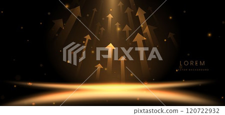Golden arrow on dark brown background with lighting effect and sparkle. Luxury template celebration award design. Golden arrow on dark brown background with lighting effect and sparkle. Luxury template celebration award design. 120722932