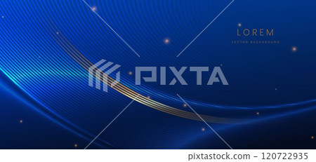 Abstract glowing neon blue and gold wave light lines on dark blue background. Luxury concept design. Abstract glowing neon blue and gold wave light lines on dark blue background. Luxury concept design. 120722935