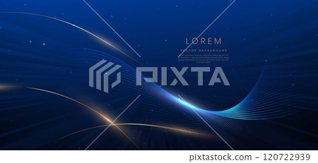 Abstract elegant dark blue background with golden curved lines and lighting effect sparkle. 120722939