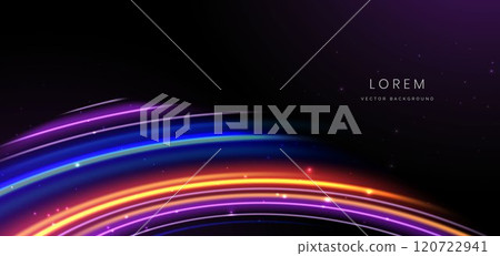 Abstract futuristic glowing neon multicolor curved lines. Hi speed motion moving concept on black background. 120722941