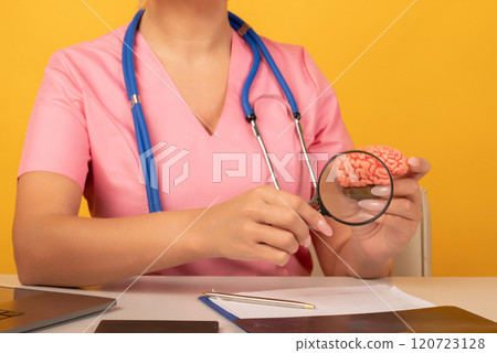 Female doctor with magnifying glass anatomical model human brain. Concept of early diagnosis of brain diseases 120723128