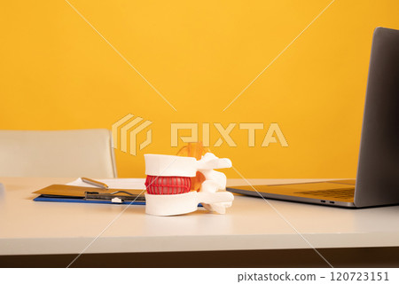 Anatomical lumbar disc herniation model on work desk of doctor in medical clinic. 120723151