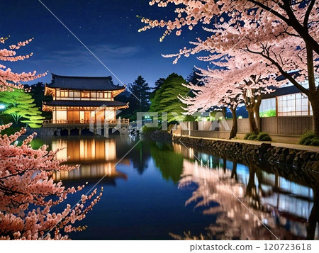 Cherry blossoms in full bloom and Japanese architecture along the river-8 120723618