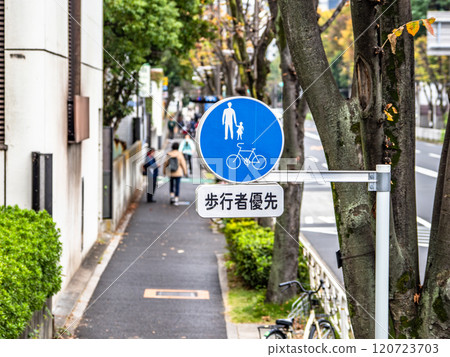 人行道上安裝的監管標誌 325-3：「僅限自行車和行人」和輔助標誌 120723703