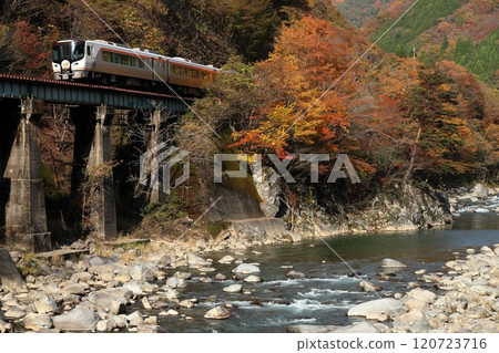 The Hida Express train runs along the Takayama Main Line in autumn The Hida Express train runs along the Takayama Main Line in autumn 120723716