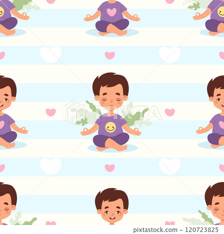 Seamless pattern yoga kids. Cute boy child meditating sitting in lotus pose on white and blue striped background with hearts. Hobby, sports, healthy lifestyle. Vector illustration in flat style 120723825