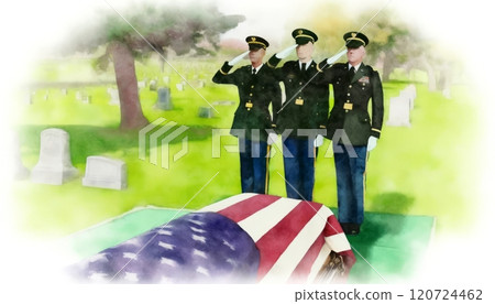 A solemn military funeral with officers saluting a draped coffin. A solemn military funeral with officers saluting a draped coffin. 120724462