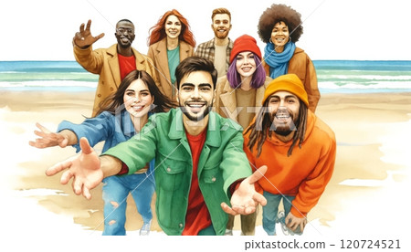 The image captures a group of young, diverse friends enjoying a moment together on a beach. 120724521