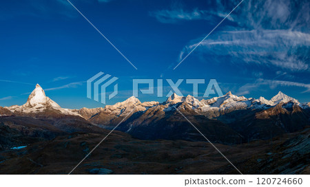 Gornergrat Railway: Spectacular view of the Valais mountain range in the morning sun from Rotenboden, Zermatt, Switzerland Gornergrat Railway: Spectacular view of the Valais mountain range in the morning sun from Rotenboden, Zermatt, Switzerland 120724660