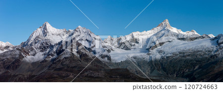 The Valais mountain range from Rotenboden, Obergabelhorn and Zinalrothorn, Zermatt, Switzerland The Valais mountain range from Rotenboden, Obergabelhorn and Zinalrothorn, Zermatt, Switzerland 120724663