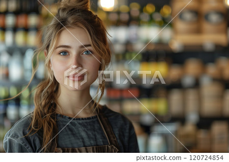 A Caucasian female employee in an apron manning the liquor shelves in a department store is looking confidently at the camera. 120724854