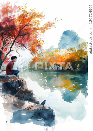 Watercolor painting of a river and stream in autumn. 120724905
