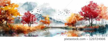 Watercolor painting of a river and stream in autumn. 120724906