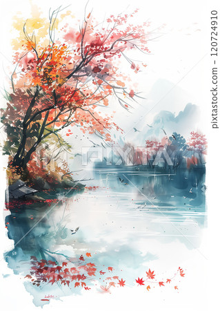 Watercolor painting of a river and stream in autumn. 120724910