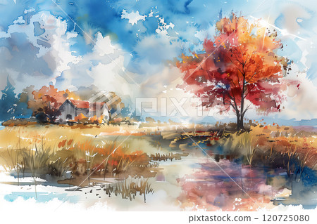Watercolor painting of a house in the forest in autumn. 120725080