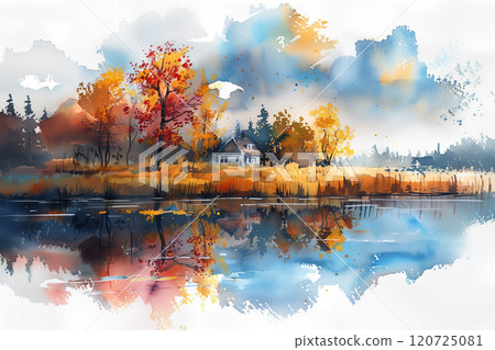 Watercolor painting of a house in the forest in autumn. 120725081