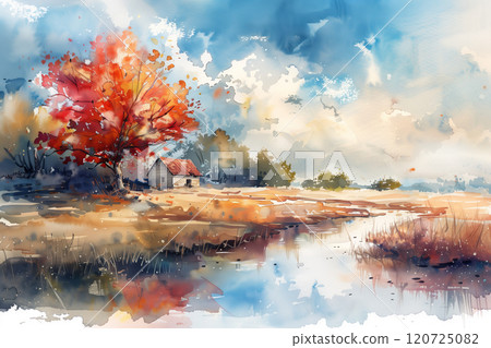 Watercolor painting of a house in the forest in autumn. 120725082