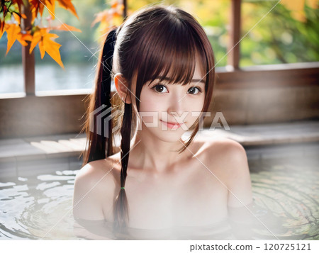 Young woman bathing in an open-air hot spring bath with autumn leaves Young woman bathing in an open-air hot spring bath with autumn leaves 120725121