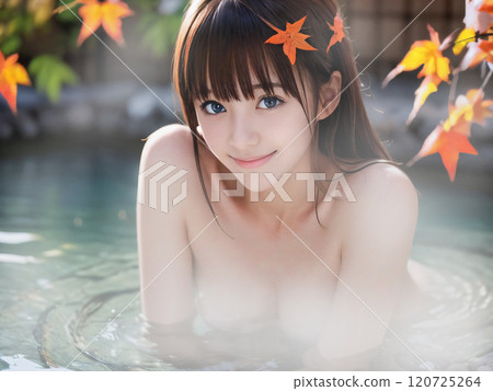Young woman bathing in an open-air hot spring bath with autumn leaves 120725264