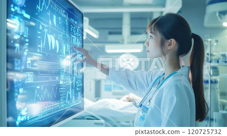 A doctor interacts with a holographic display of patient data. The concept of advanced medical technology, precision healthcare, and innovative diagnostics. Generative AI. 120725732