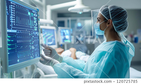 A doctor interacts with a holographic display of patient data. The concept of advanced medical technology, precision healthcare, and innovative diagnostics. Generative AI. A doctor interacts with a holographic display of patient data. The concept of advanced medical technology, precision healthcare, and innovative diagnostics. Generative AI. 120725785