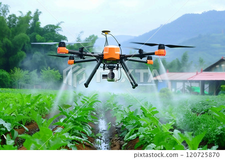 Closeup of injection drone Flying among the vegetable gardens. 120725870