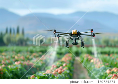 Closeup of injection drone Flying among the vegetable gardens. 120725873