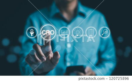 CRO, Conversion Rate Optimization Concept. Businessman pointing at CRO, Other icons include graphs, checklist, and magnifying glass, symbolizing business and technology strategies. Efficient business, CRO, Conversion Rate Optimization Concept. Businessman pointing at CRO, Other icons include graphs, checklist, and magnifying glass, symbolizing business and technology strategies. Efficient business, 120725896