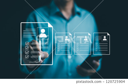HR, Human resource concept. businessman signing an e-document online employee evaluation form for employee recruitment or pass job assessment test. Recruit employees and job interview. resume document HR, Human resource concept. businessman signing an e-document online employee evaluation form for employee recruitment or pass job assessment test. Recruit employees and job interview. resume document 120725904