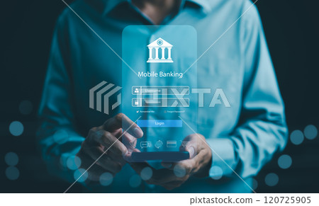 Mobile banking technology concept. Businessman with mobile banking app login screen on smartphone. convenience and security of online financial services, with login credentials and bank icons. Fintech 120725905