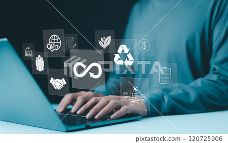 Circular economy, sustainability concept. Person typing on laptop with icons circular economy, sustainability, recycling, eco friendly business practices, integration of environmental, economic goals, Circular economy, sustainability concept. Person typing on laptop with icons circular economy, sustainability, recycling, eco friendly business practices, integration of environmental, economic goals, 120725906