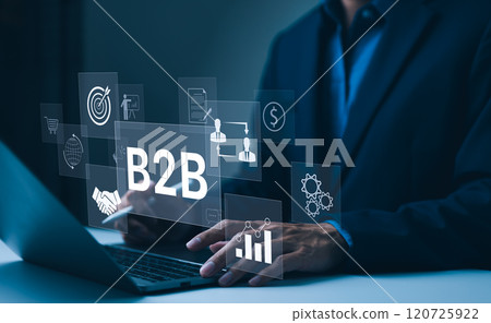 B2B business strategy concept. Businessman working with B2B virtual on laptop, conceptualizing strategy, partnership, targets in business to business services. E-commerce, B2B Marketing, enterprise, 120725922