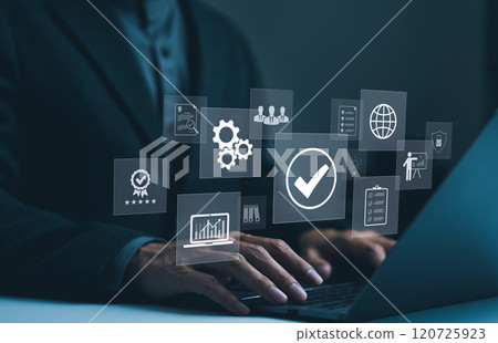 Standard quality control certification assurance guarantee concept. Businessman working with laptop and approve certificate. Quality assurance QA, Quality control QC, Compliance with regulations, 120725923