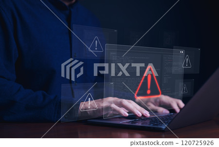 Cybersecurity alert concept. Person using laptop with multiple warning symbols displayed, indicating cyber security alert. importance of digital security and data protection, Cybercrime and virus, 120725926