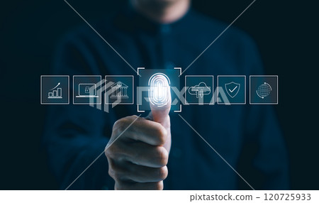 Futuristic biometric authentication technology concept. Man is touching a fingerprint scan with icons of secured access, data protection, network cyber security in digital interface. Internet banking, 120725933