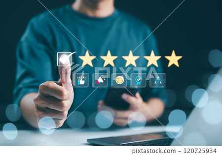 Customer Satisfaction Rating and Feedback Concept. Man interacting with a digital customer satisfaction survey, emphasizing high-quality service and customer feedback. user experience, review stars, Customer Satisfaction Rating and Feedback Concept. Man interacting with a digital customer satisfaction survey, emphasizing high-quality service and customer feedback. user experience, review stars, 120725934
