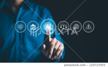 AI Laws and Regulations Concept. Businessman touching digital icons representing artificial intelligence, legal standards, ethics, regulatory compliance, Technology law and policy, copyright, patent, AI Laws and Regulations Concept. Businessman touching digital icons representing artificial intelligence, legal standards, ethics, regulatory compliance, Technology law and policy, copyright, patent, 120725935