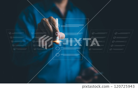 Filling out digital form checklist, Businessman using pen to tick correct sign mark in checkbox for quality document control checklist and business approve project concept. Check mark, Online exam, Filling out digital form checklist, Businessman using pen to tick correct sign mark in checkbox for quality document control checklist and business approve project concept. Check mark, Online exam, 120725943