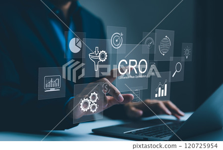 CRO, conversion rate optimization technology concept. A person works on a laptop with CRO related technology icons, symbolizing conversion rate optimization and digital marketing. business strategy, 120725954