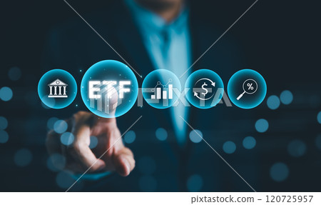 ETF Investment Concept. Exchange Traded Fund, Businessman with ETF icons, representing financial and investment concepts like exchange-traded funds, money, and interest rates. Stock market index fund, ETF Investment Concept. Exchange Traded Fund, Businessman with ETF icons, representing financial and investment concepts like exchange-traded funds, money, and interest rates. Stock market index fund, 120725957
