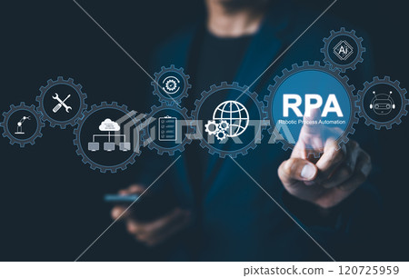 RPA, Robotic Process Automation System Concept. Businessman interacts with RPA icons, representing robotic process automation and modern technology integration in business. optimisation innovation, 120725959