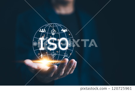 ISO Standards and Quality Assurance Concept. Businessman presenting globe with various ISO icons symbolizing standards and quality assurance, represent International Organization for Standardization. 120725961