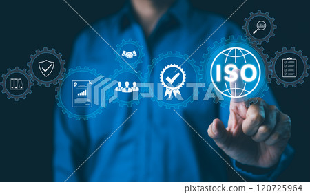 ISO Certification Concept. Businessman touch representation of ISO certification, icons symbolizing quality assurance, compliance, global standards, and International organization for standardization. 120725964