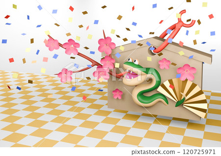 2025 Year of the Snake New Year's card - Illustration of a cute snake jumping out of a votive tablet 120725971